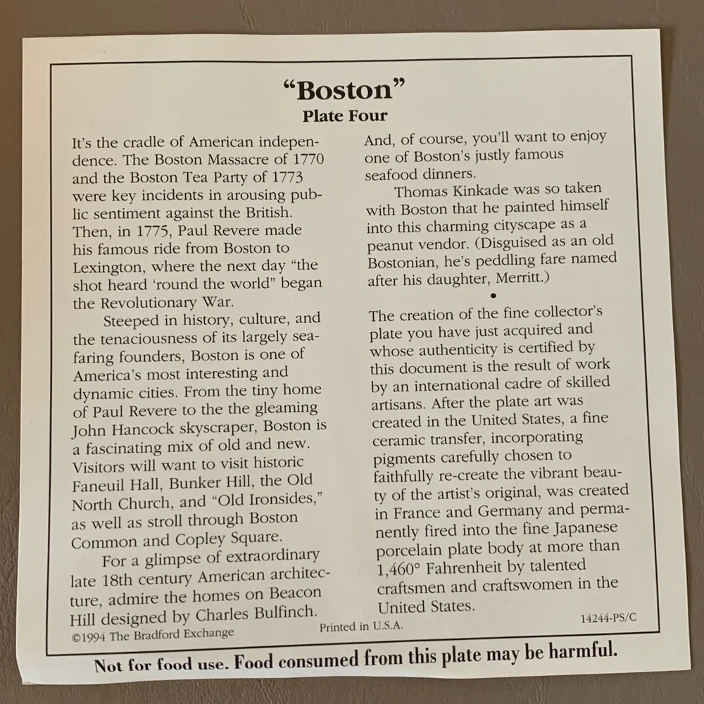 Boston (boston commons) by Thomas Kincaide Porcelain Plate (1994)